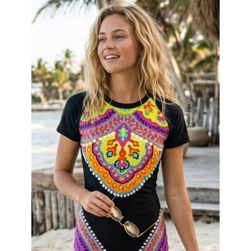 Trina Turk Geometric Neon Blouse | Abstract Print Top Size Small